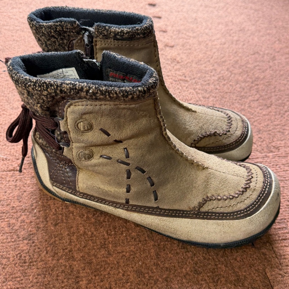 B+ Merrell Puffin Mid Tan‎ Suede Ankle Boots Womens 9.5 Brown Knit Trim J20224